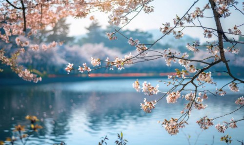 The lake in full bloom during the springtime, cherry tries blossoms near the lake in clear sunny