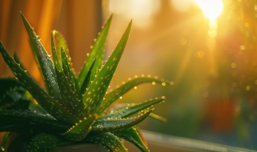 A close-up of a vibrant green aloe vera plant basking in the sunlight on a windowsill AI generated