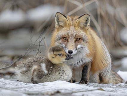 A fox lies in the snow and protects a duckling that cuddles up to him, AI generated, AI generated,