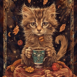 A cute kitten is holding a cup of coffee in its paws. The image has a warm and cozy feeling, as if