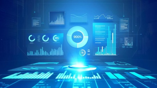Glowing futuristic interface for data analysis with blue holographic projection of graphs and