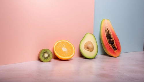 Sliced fruits arranged on a split pastel background, featuring kiwi, orange, avocado, and papaya,