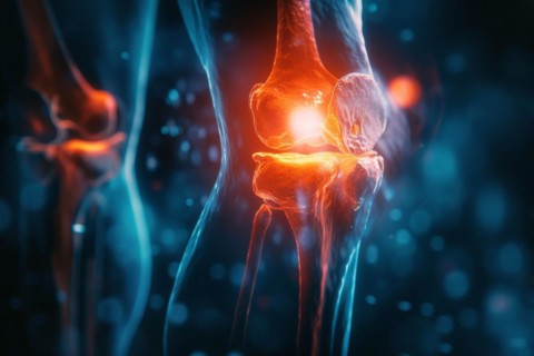 Illustration, biomedical visualisation, painful knee joint, osteoarthritis, AI generated, AI