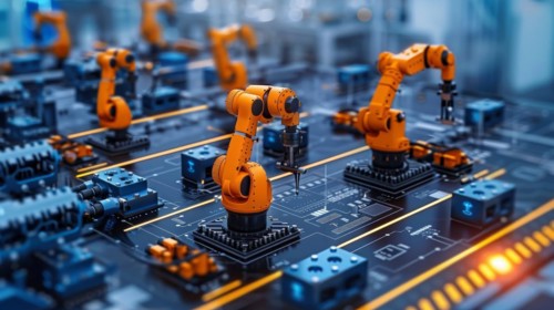 Automated robotic arm placing components on a circuit board, ai generated, AI generated