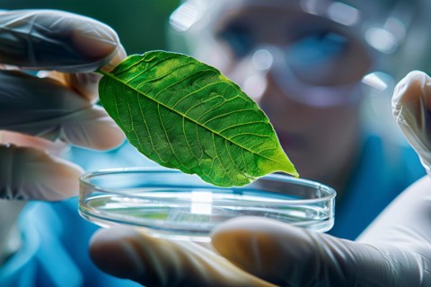 Plant leaf in petri dish held by research scientist in lab. Concept for biotechnology and genetic