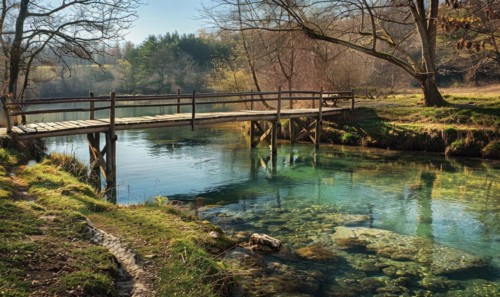 A rustic wooden bridge spanning over a crystal-clear spring river AI generated