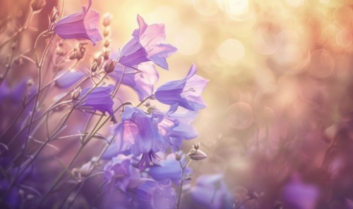 Bellflowers swaying in the breeze, closeup view, soft focus, bokeh AI generated