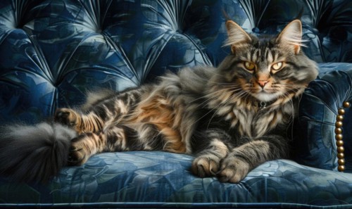 Maine Coon cat with luxurious fur reclining on a plush velvet sofa AI generated