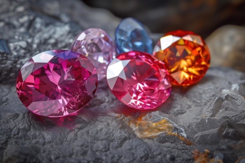 Colorful gemstones with sparkling facets on a rocky surface, AI generated