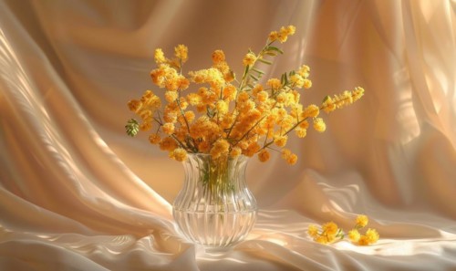 Bouquet of blooming Mimosa branches in glass vase AI generated