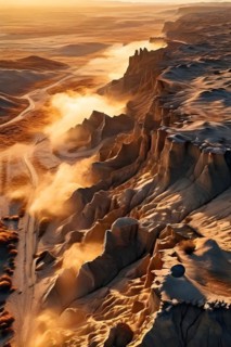 Patagonian desert landscape with powerful wind shaping landforms isolated rock formations, AI