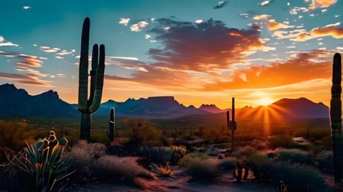 Saguaro cacti against the backdrop of a colorful sunrise sky, AI generated