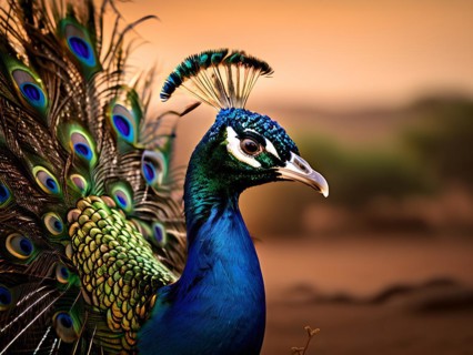 Peacock with the full display of magnificent plumage usp in each feather in the Thar desert, AI