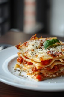 Piece of lasagna on white plate. KI generiert, generiert, AI generated
