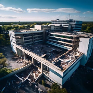 Neglected hospital section with collapsed roof elements, AI generated, hospital, damage, abandoned,