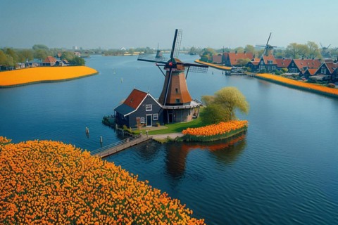A unique aerial view of a windmill surrounded by tulip fields next to a river, AI generated
