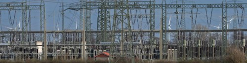Stendal West substation with wind turbines in the background near Luederitz, panoramic photo,