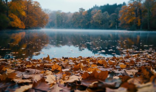 The lake covered of fallen leaves, nature background AI generated