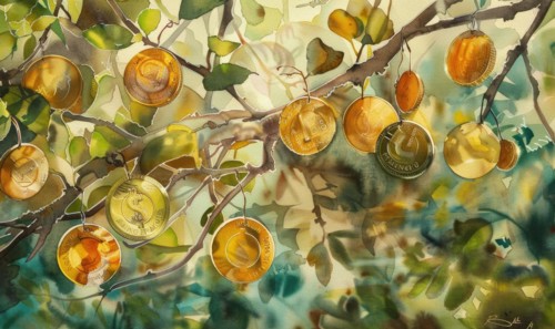 Vibrant watercolor painting of money coins hanging from branches of a tree sprout AI generated