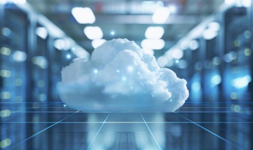 Cloud computing background with server racks and digital data streams AI generated