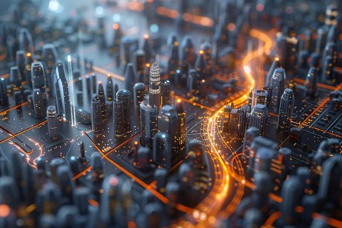 Miniature cityscape with a tilt-shift effect creating an artificial model-like urban environment,