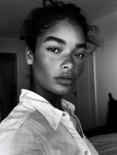 Black and white image of a serene woman with freckles in a casual white shirt, AI generated