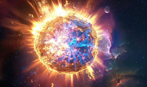 Fiery depiction of a star explosion radiating energy in space AI generated