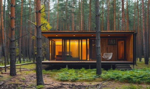 A modern wooden cabin nestled among tall pine trees in the forest AI generated
