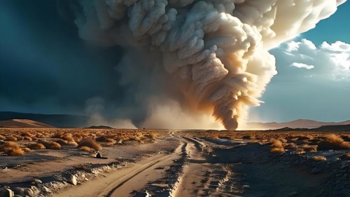 Patagonian desert landscape with powerful wind shaping landforms isolated rock formations, AI