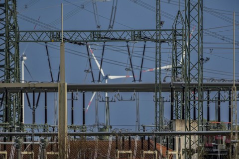 Stendal West substation with wind turbines in the background near Luederitz, Stendal,