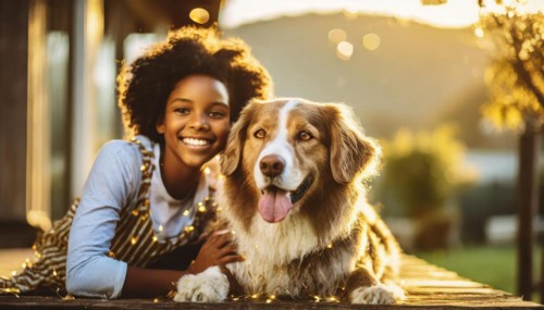 A young girl is laying on a wooden deck with a brown and white dog. The girl is smiling and the dog
