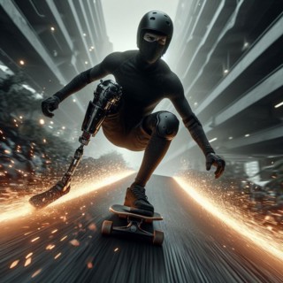 A person with a prosthetic leg skateboarding at high speed with sparks flying around, AI generated