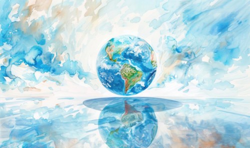 Vibrant watercolor painting of an Earth globe floating in a dreamy sky AI generated