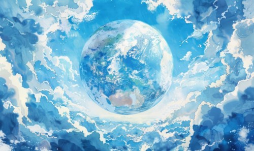 Watercolor illustration of the Earth globe with fluffy clouds against a clear blue sky AI generated