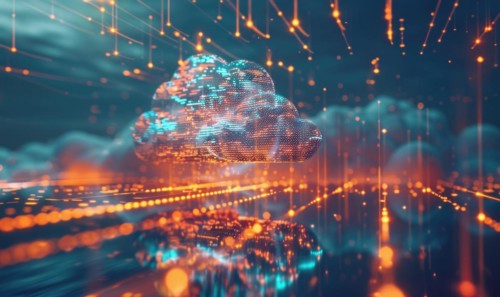 Cloud computing background with server racks and digital data streams AI generated