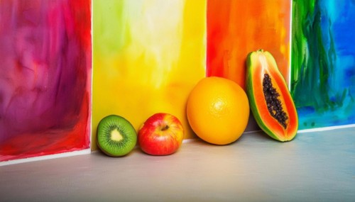 Assorted fruits in front of a brightly colored, rainbow-painted wall, horizontal, AI generated