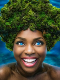 A woman with a vibrant smile and green moss hair submerged in blue water, earth day concept, AI