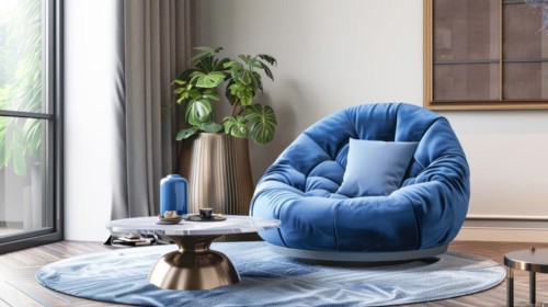 Vibrant modern corner with a blue round chair, side table, and plants, ai generated, AI generated