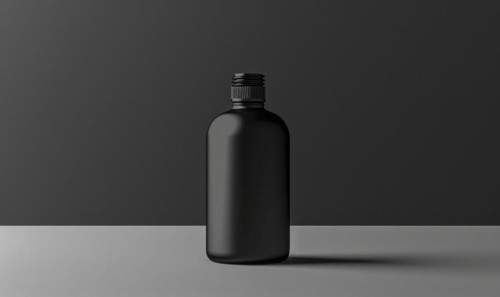 Matte black glass bottle mockup housing a premium quality beard oil enriched with natural oils and