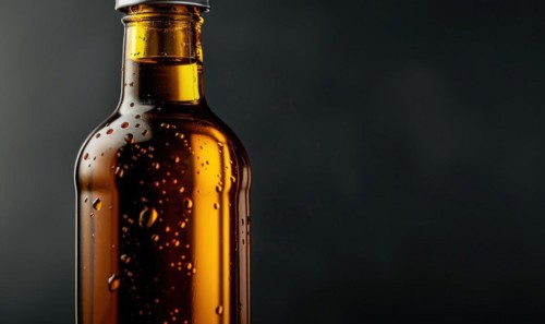 Studio shot of an amber glass bottle mockup filled with rich and aromatic cold-pressed olive oil AI