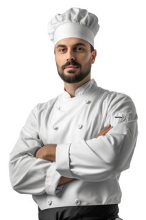 Portrait of a chef in professional white uniform with arms crossed, AI generated