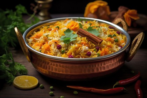 Aromatic Biryani in Copper Pot, AI generated