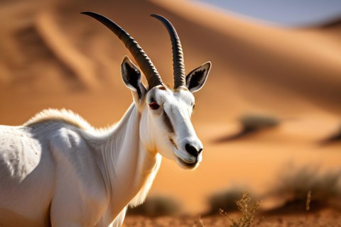 Arabian oryx with its long straight horns white coat shimmering in desert sun, AI generated