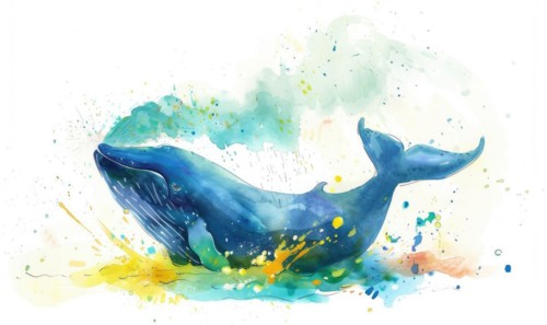 A watercolor illustration of a playful whale spraying water from its blowhole AI generated