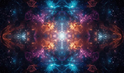 Symmetrical abstract celestial design with vibrant fractal elements in blue, purple, and orange AI