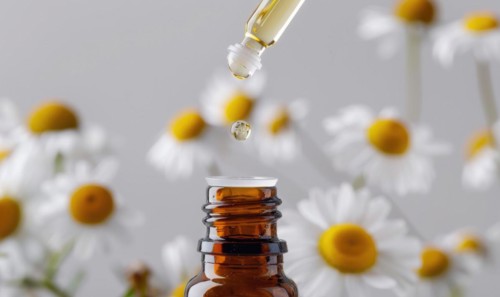 Chamomile essential oil in a dropper bottle, closeup view, skin care cosmetic background AI