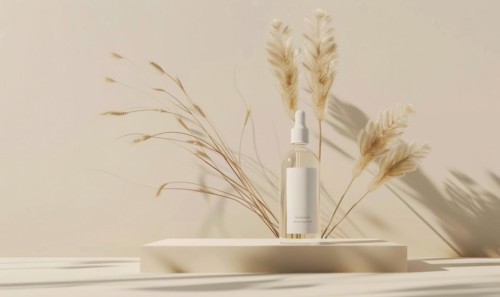 Studio shot of a minimalist glass bottle mockup containing a high-quality natural skincare serum AI