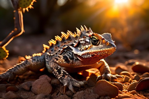 Horned lizard in perfect camouflage with the desert floor basking under the warm glow of the sonora