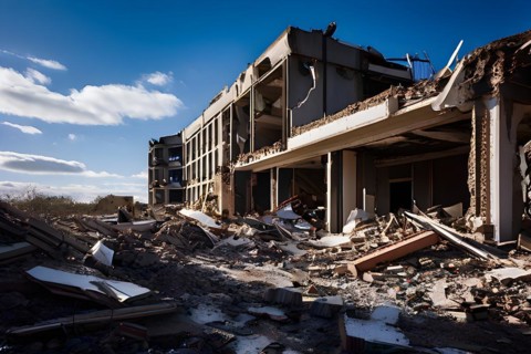 Neglected hospital section with collapsed roof elements, AI generated, hospital, damage, abandoned,