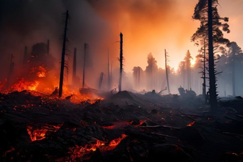 Charred tree skeletons in a smoke filled landscape remnants of a forest fire ignited by lava flow,
